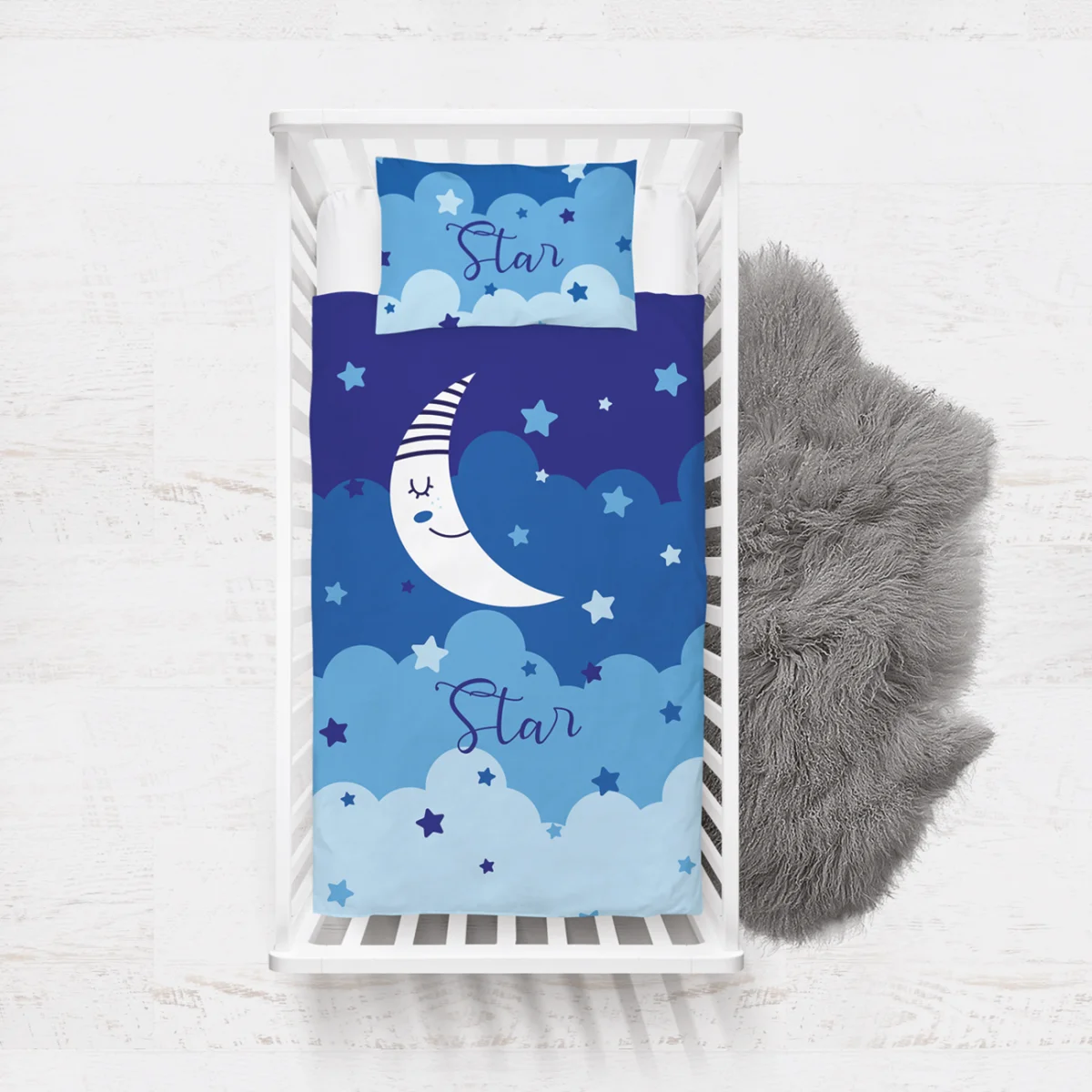 Ay ve Yıldızlar Yatak Örtüsü ve Pike | Mavi Yıldız, bulut Desenli