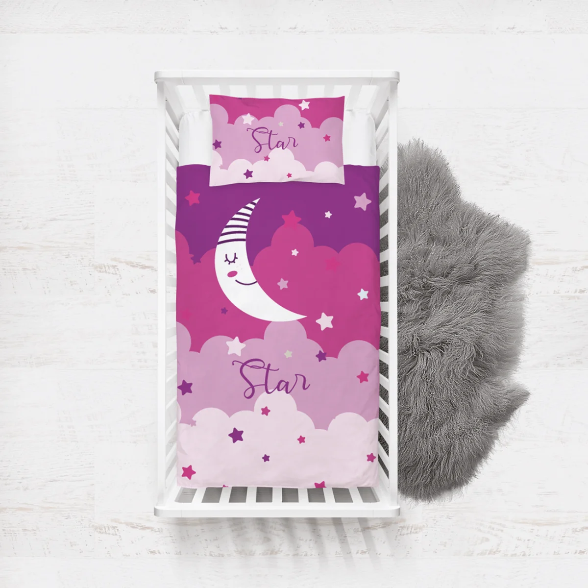 Ay ve Yıldızlar Yatak Örtüsü ve Pike | Pembe uyuyan ay, yıldızlar Desenli