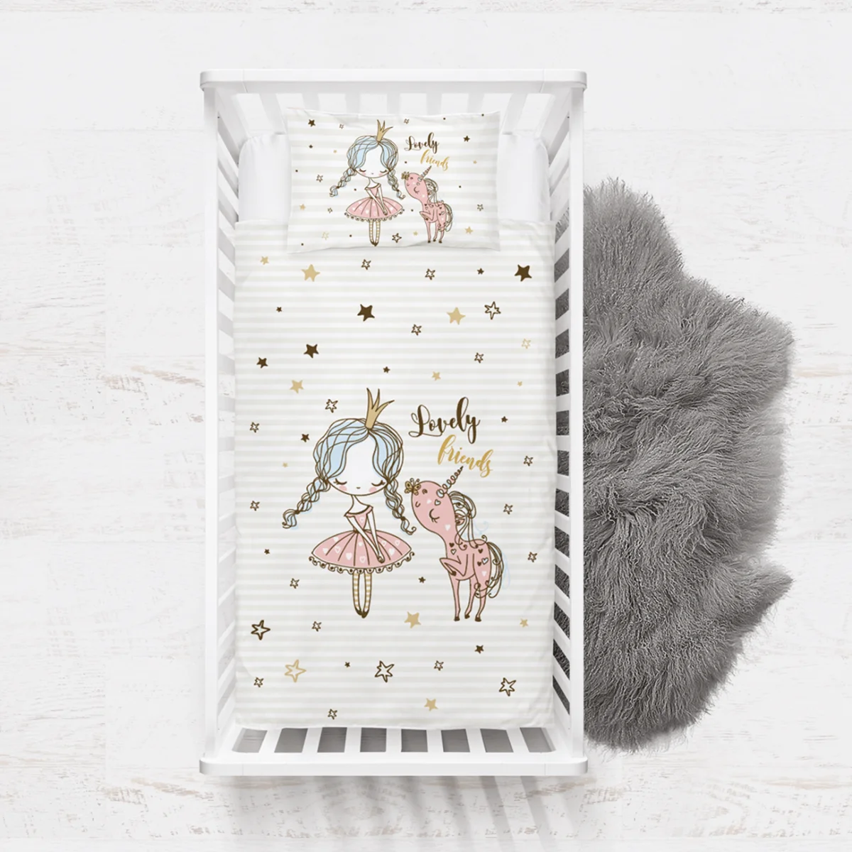 Prenses ve Unicorn Yatak Örtüsü ve Pike | Beyaz yıldız, çizgili zemin Desenli