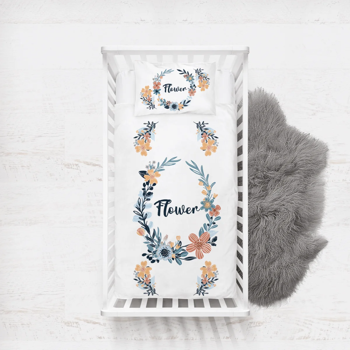 Çiçekler Yatak Örtüsü ve Pike | Beyaz çiçek çelenkleri, yapraklar Desenli