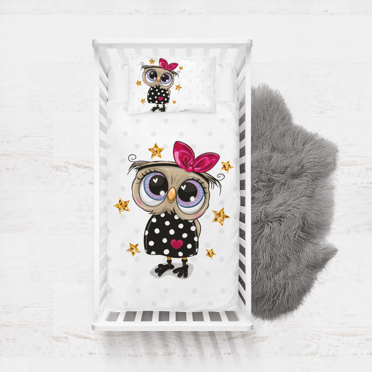 Sevimli Baykuş Yatak Örtüsü ve Pike | Beyaz yıldız, puantiye Desenli