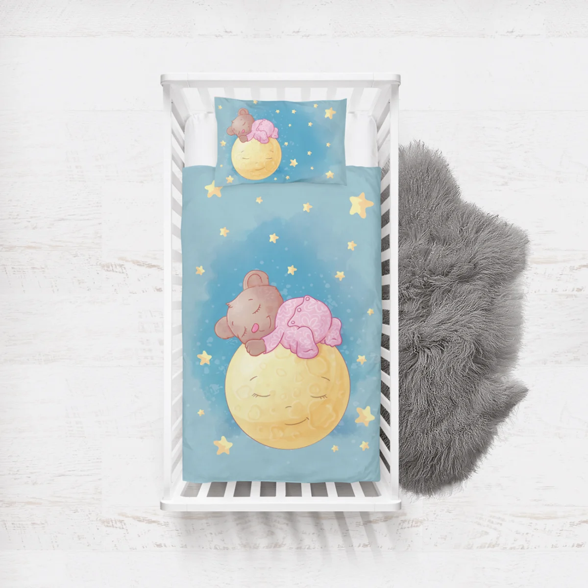 Ayı ve Ay Yatak Örtüsü ve Pike | Mavi yıldızlar, uyuyan ayılar Desenli