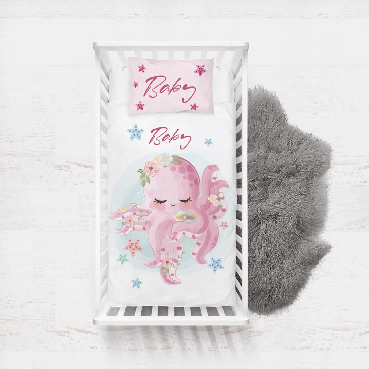 Ahtapot Yatak Örtüsü ve Pike | Beyaz yıldız, çiçek Desenli