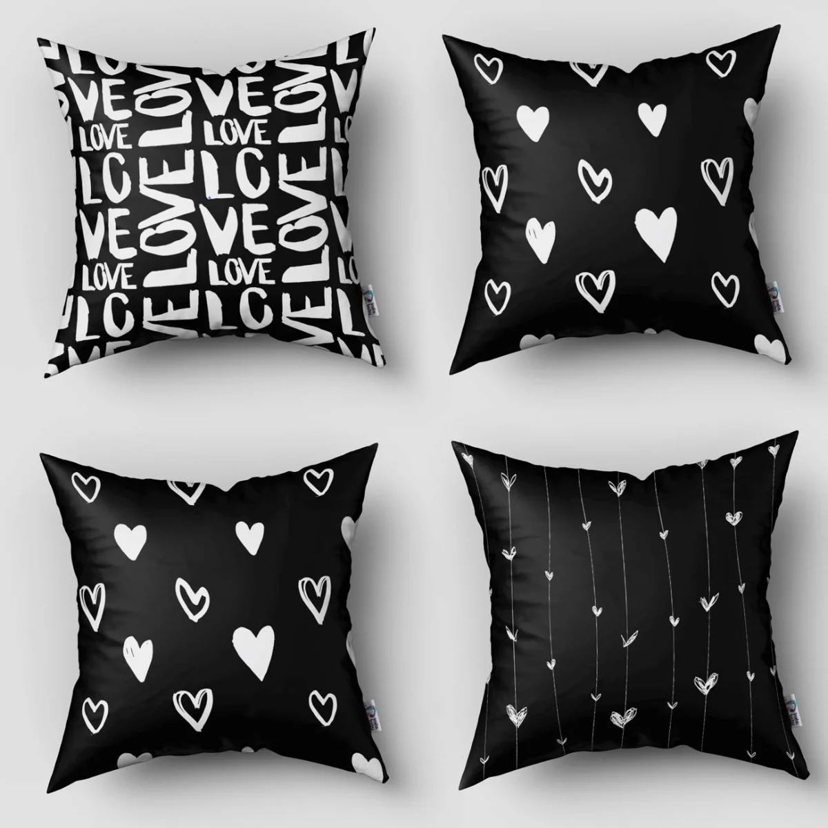 Aşk / Kalp 4lü Kırlent | Siyah Kalpler, LOVE yazısı ve çizgiler Desenli