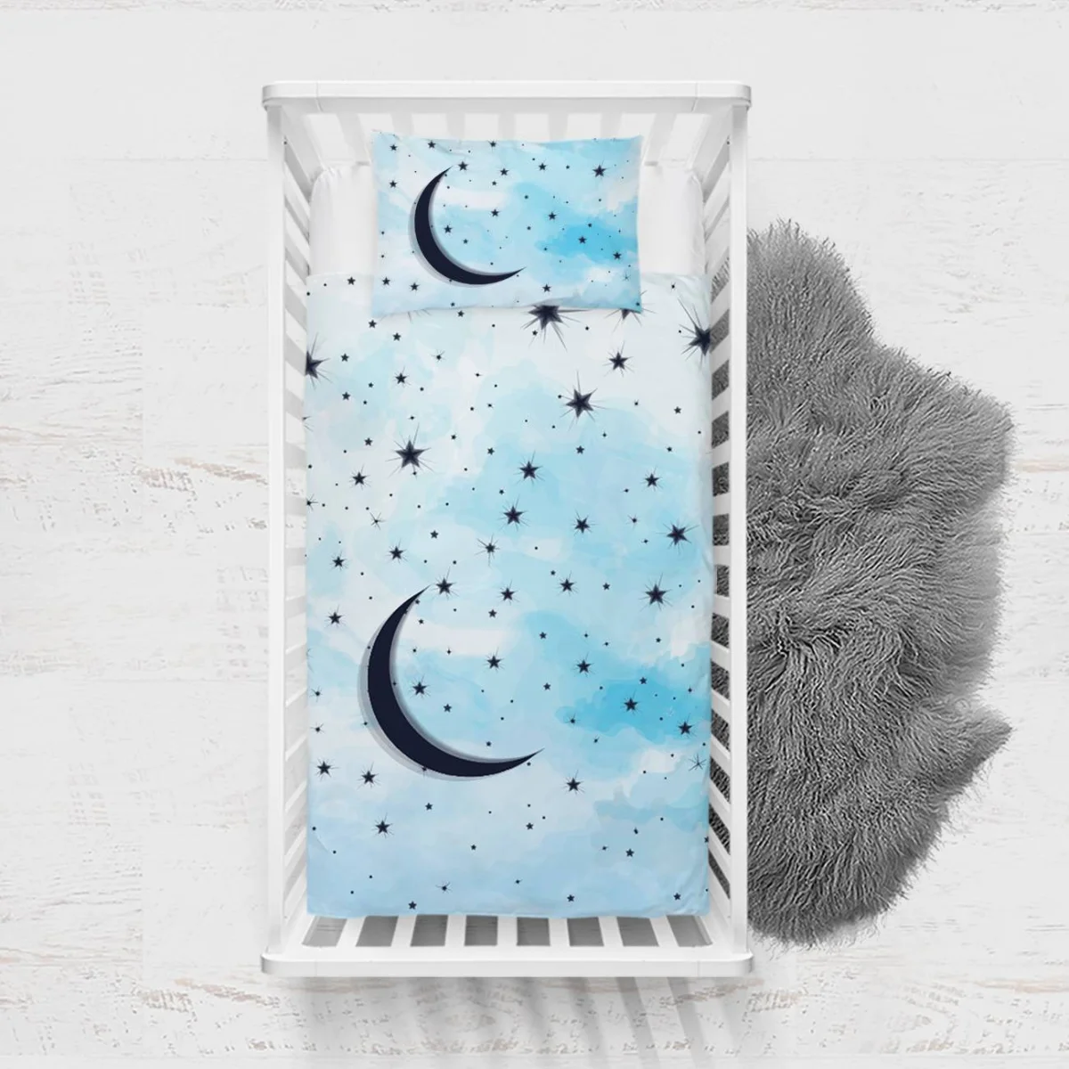Ay ve Yıldızlar Yatak Örtüsü ve Pike | Mavi yıldızlar, ay Desenli