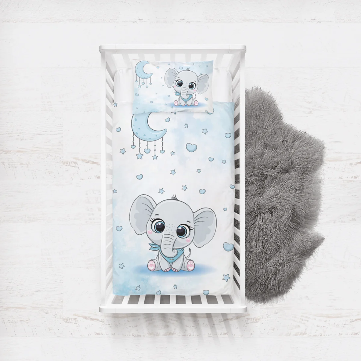 Fil, Ay ve Yıldızlar Yatak Örtüsü ve Pike | Beyaz yıldız, ay Desenli