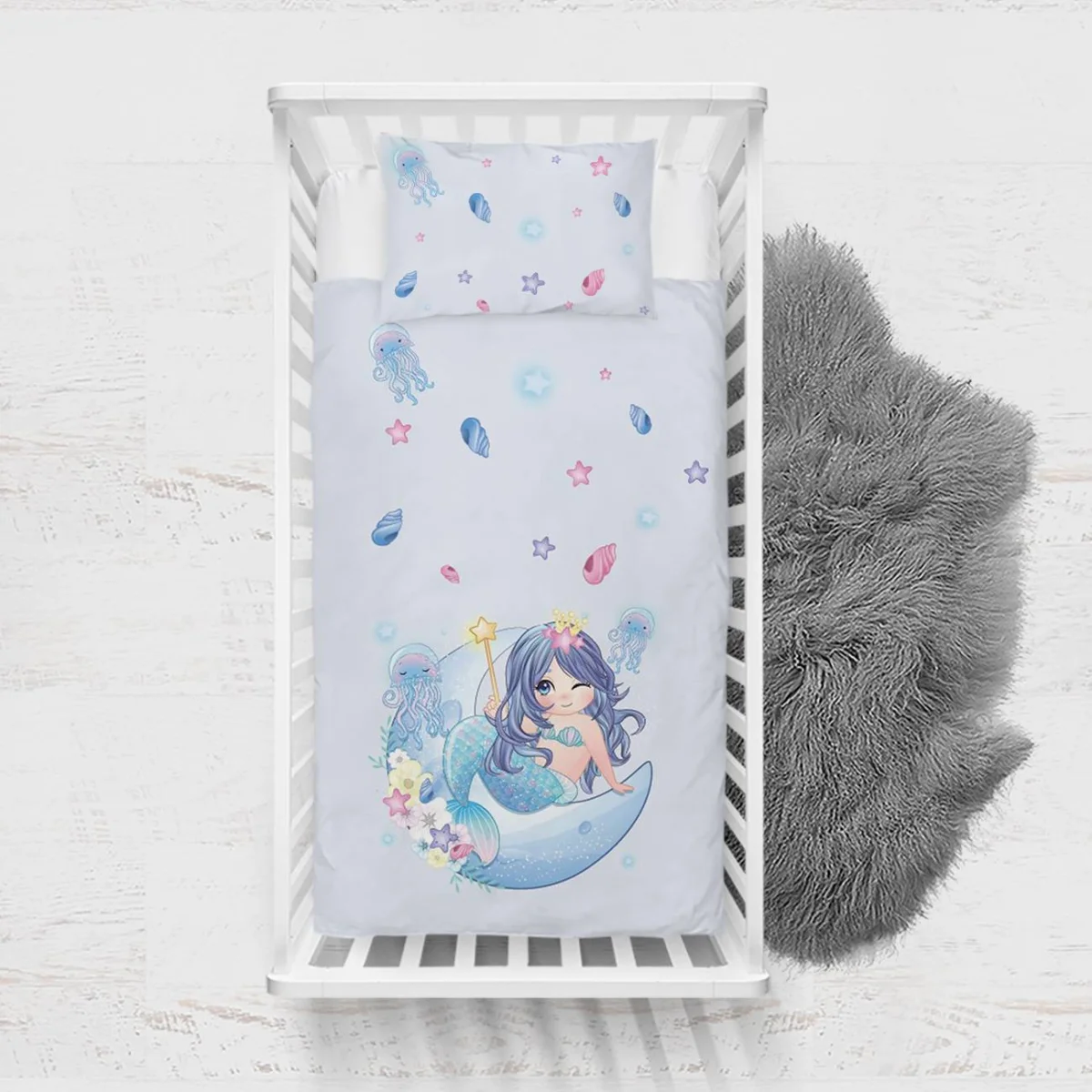 Deniz Kızı Yatak Örtüsü ve Pike | Açık Mavi yıldız, deniz kabuğu Desenli