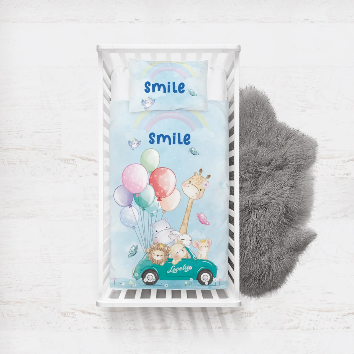 Sevimli Hayvanlar Yatak Örtüsü ve Pike | Mavi Balonlar, araba Desenli