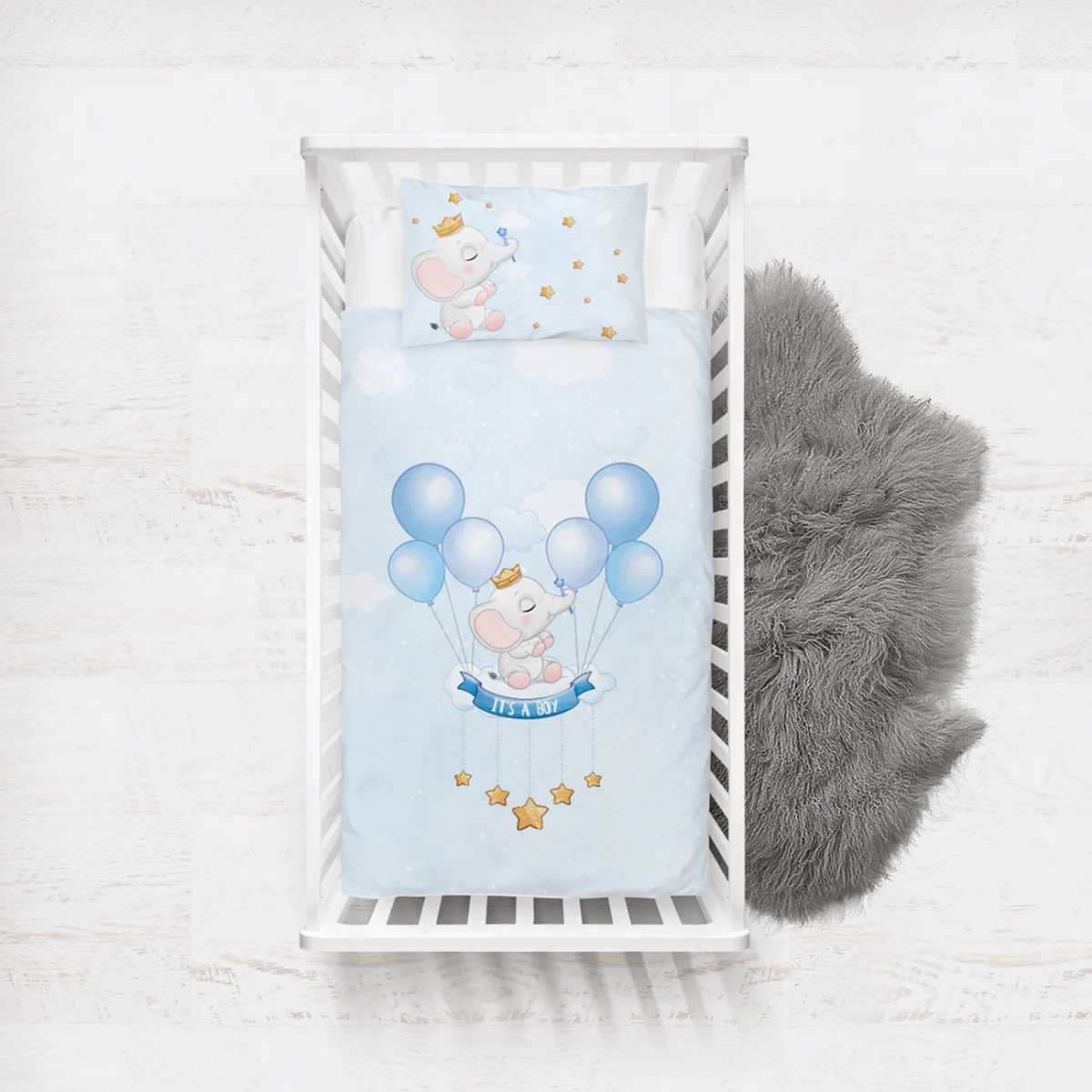 Fil Yatak Örtüsü ve Pike | Mavi balon, bulut Desenli