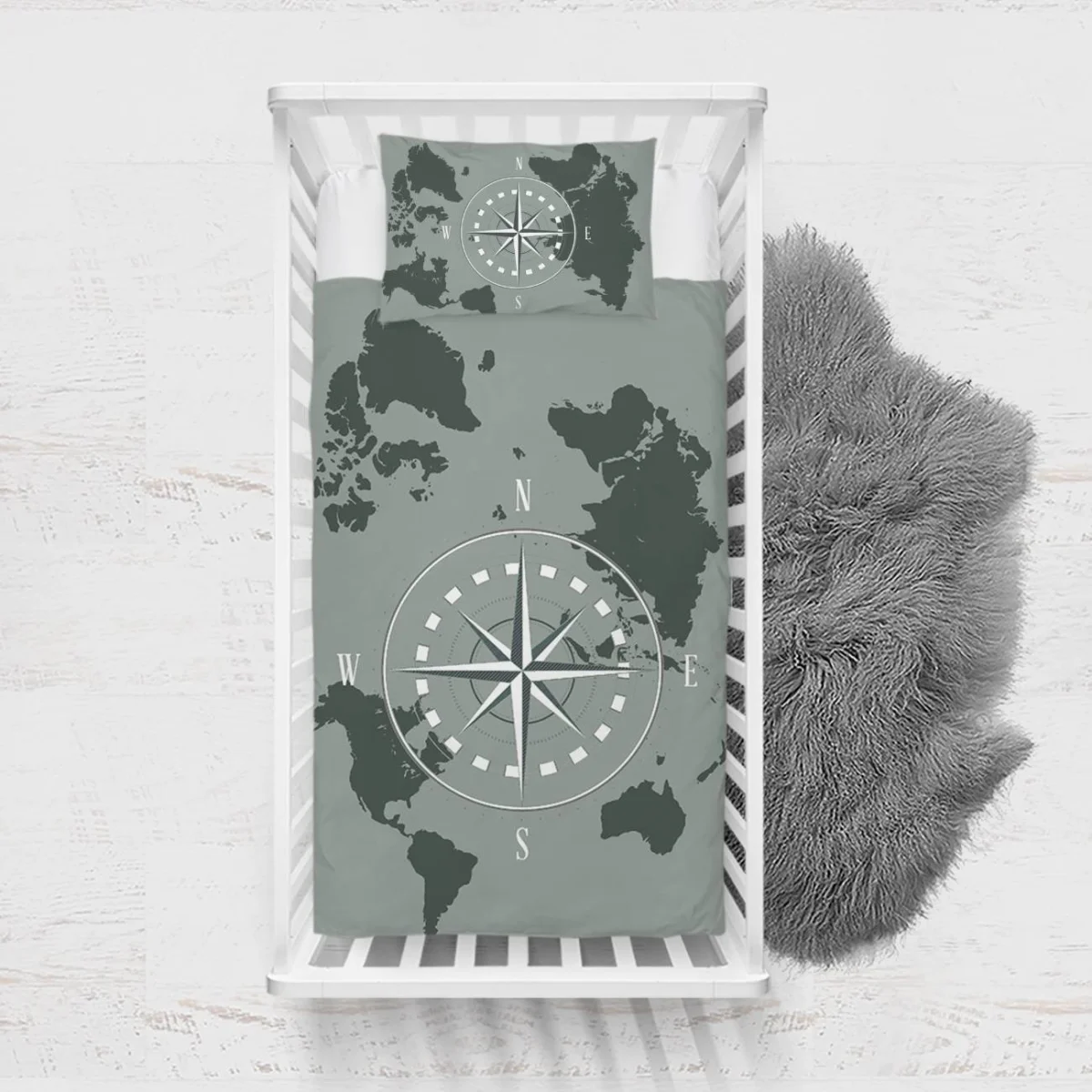 Dünya Haritası, Pusula Yatak Örtüsü ve Pike | Yeşil dünya haritası, pusula Desenli