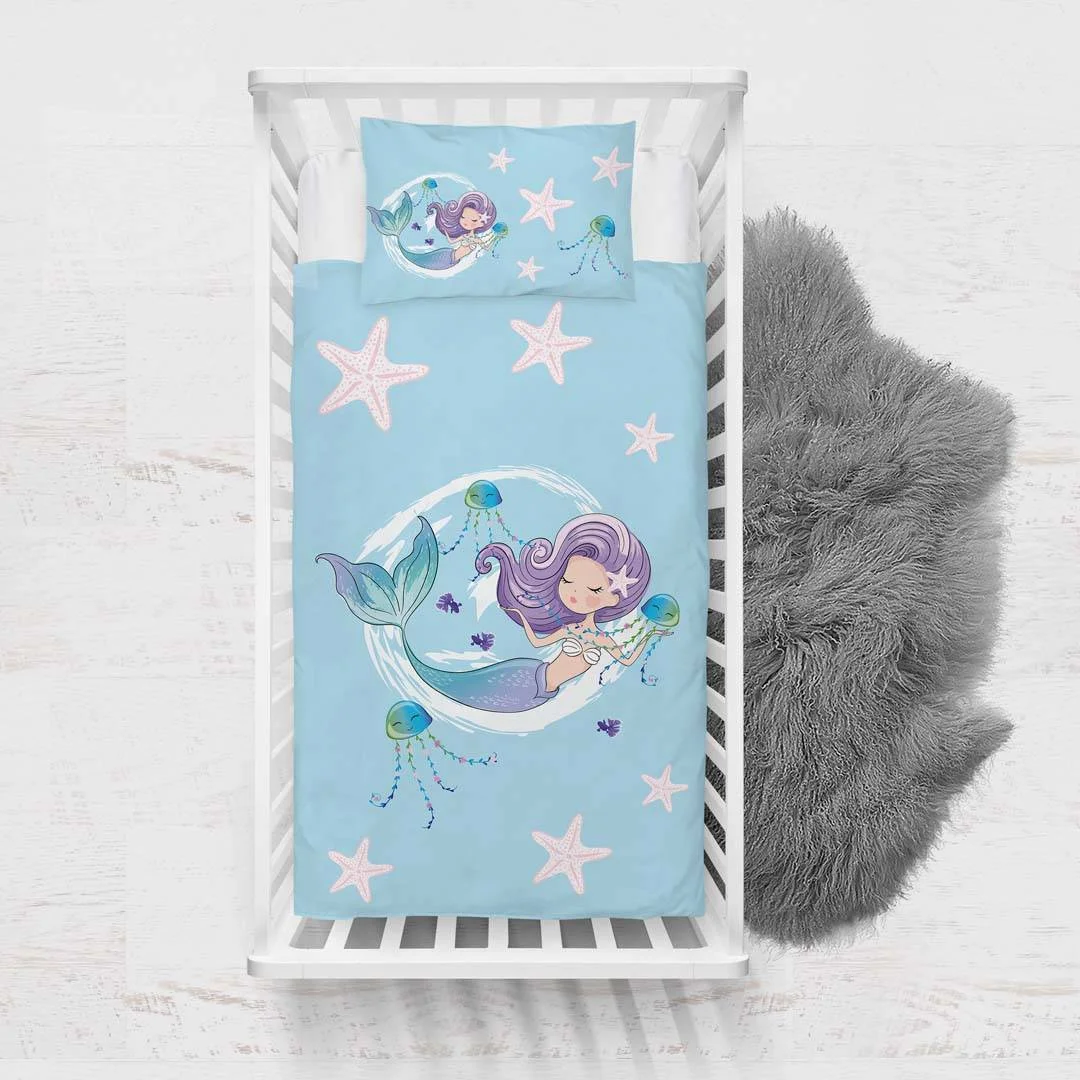 Deniz Kızı Yatak Örtüsü ve Pike | Açık Mavi Deniz yıldızı, deniz anası Desenli