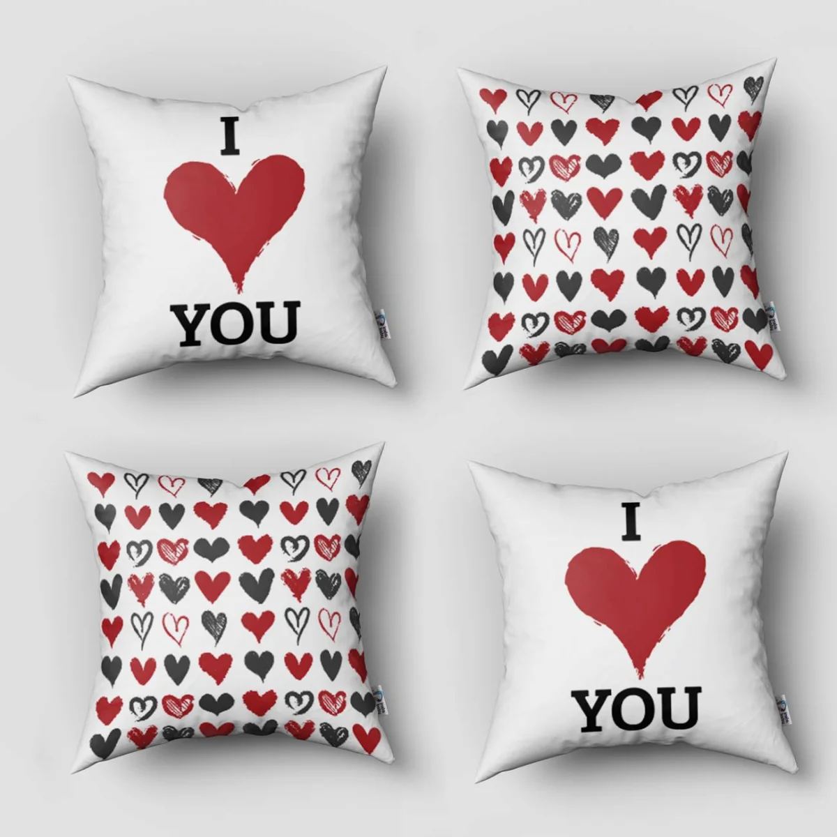 Kalp 4lü Kırlent | Beyaz kırmızı siyah kalpler, el yazısı Desenli