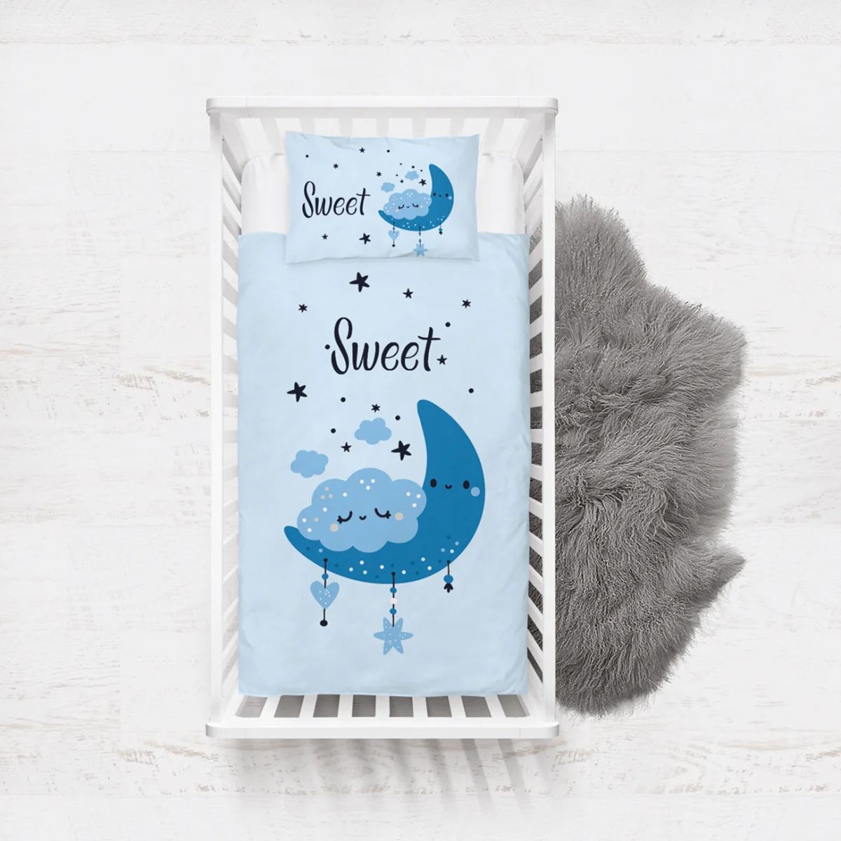 Ay ve bulutlar Yatak Örtüsü ve Pike | Mavi yıldız, bulut Desenli