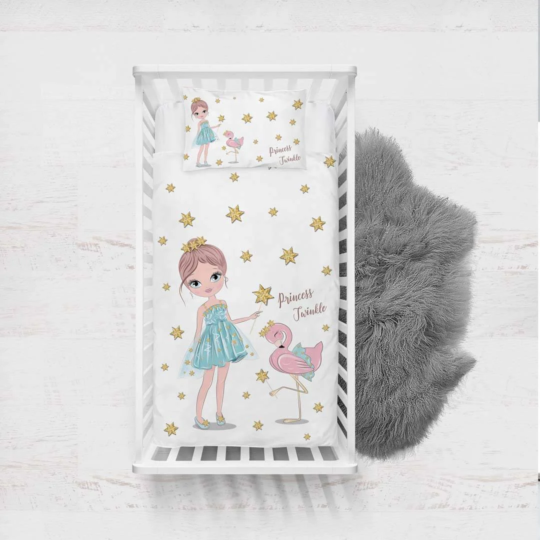 Prenses ve Flamingo Yatak Örtüsü ve Pike | Beyaz Yıldızlar, Princess Twinkle yazısı Desenli