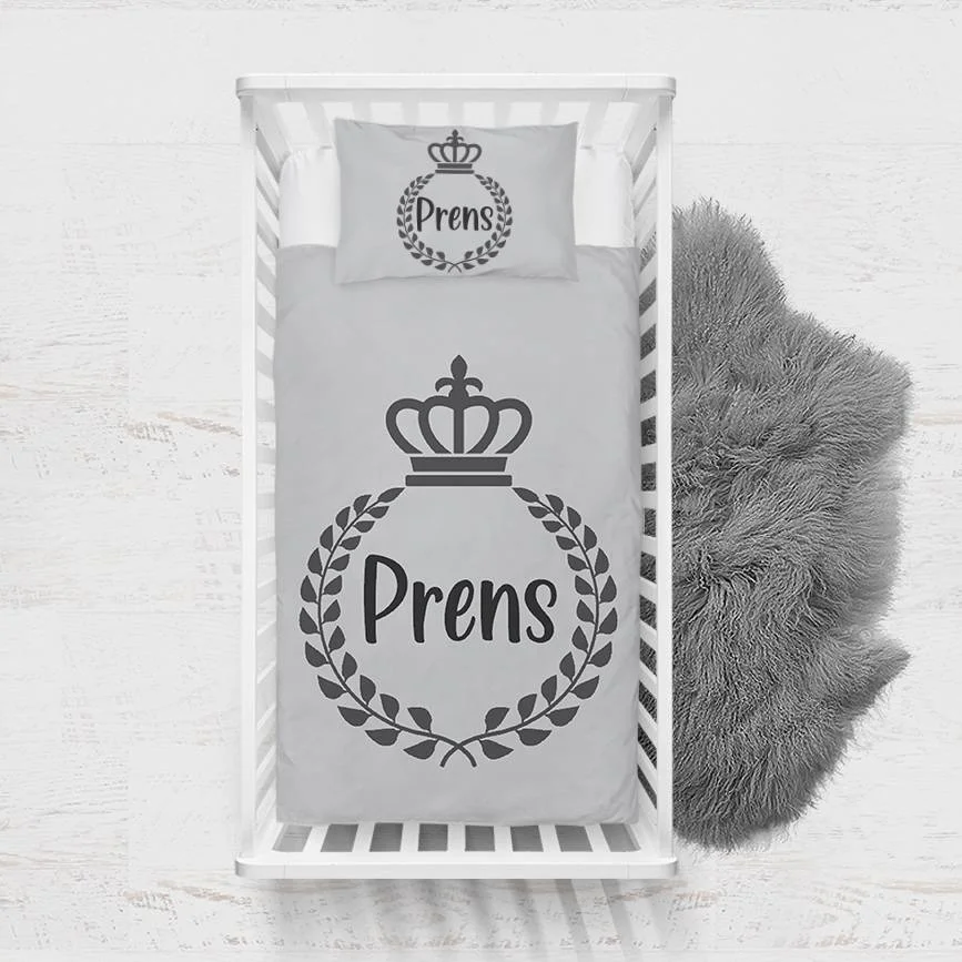 Kraliyet / Prens Yatak Örtüsü ve Pike | Açık Gri Taç, defne çelengi Desenli