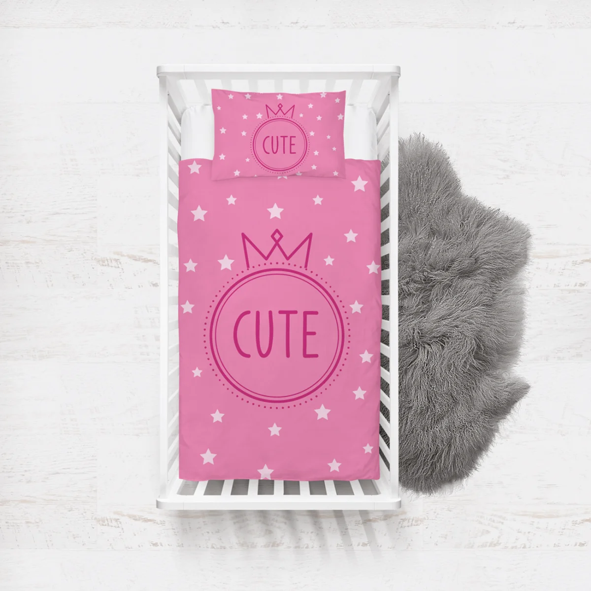 Prenses tacı Yatak Örtüsü ve Pike | Pembe yıldız, sevimli yazı Desenli