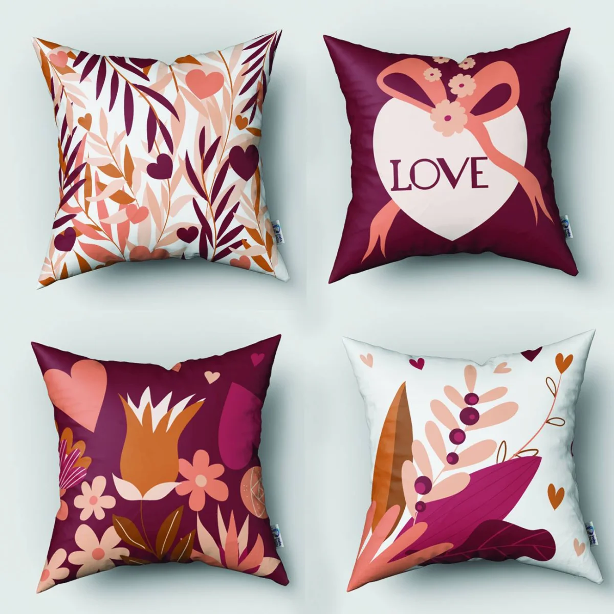 Aşk ve Botanik 4lü Kırlent | Bordo Kalpler, yapraklar Desenli