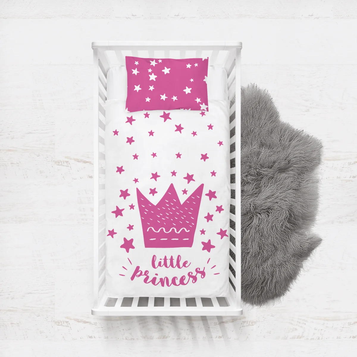 Prenses Yatak Örtüsü ve Pike | Beyaz Taç, yıldız Desenli