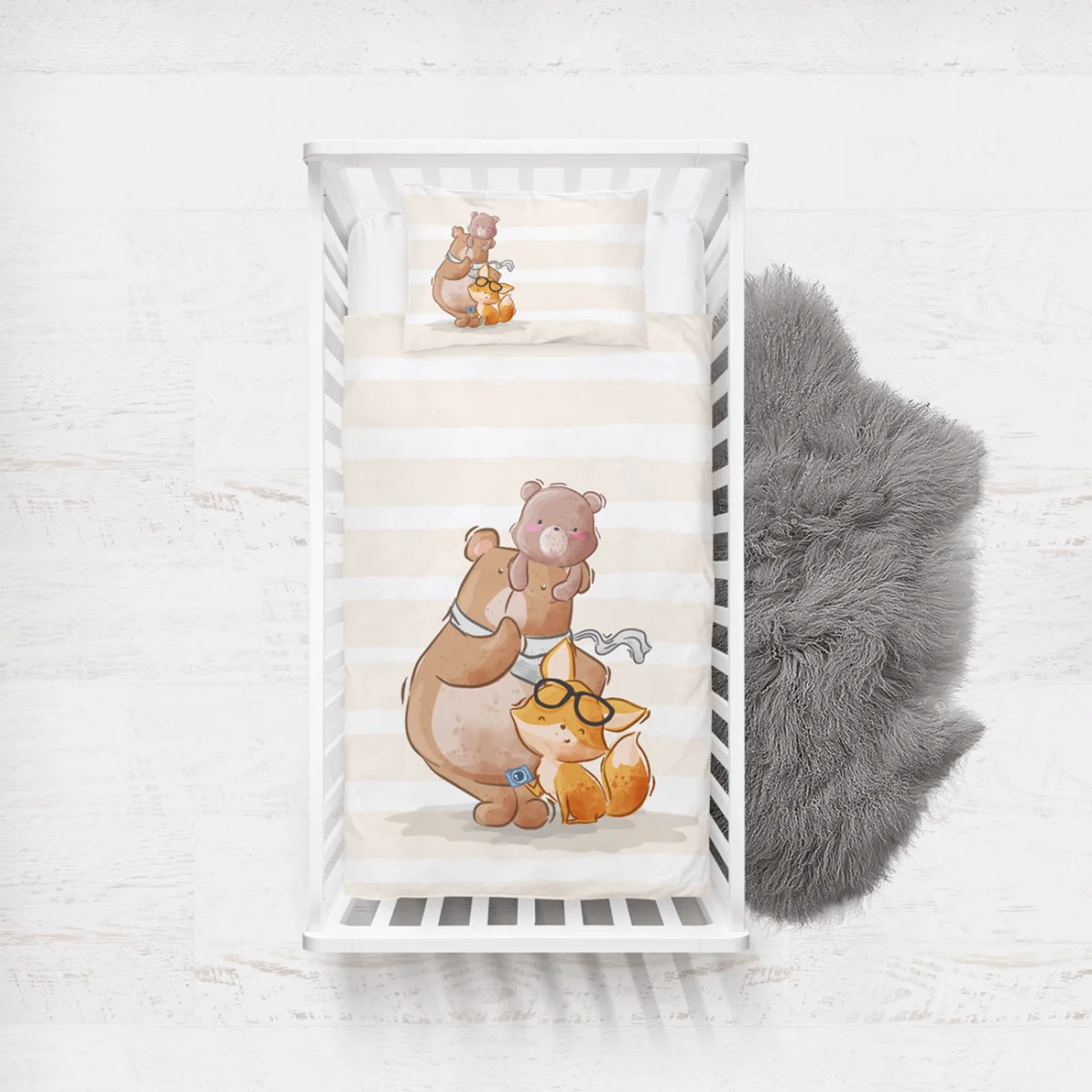 Orman Hayvanları Yatak Örtüsü ve Pike | Bej Çizgili zemin, gözlük Desenli