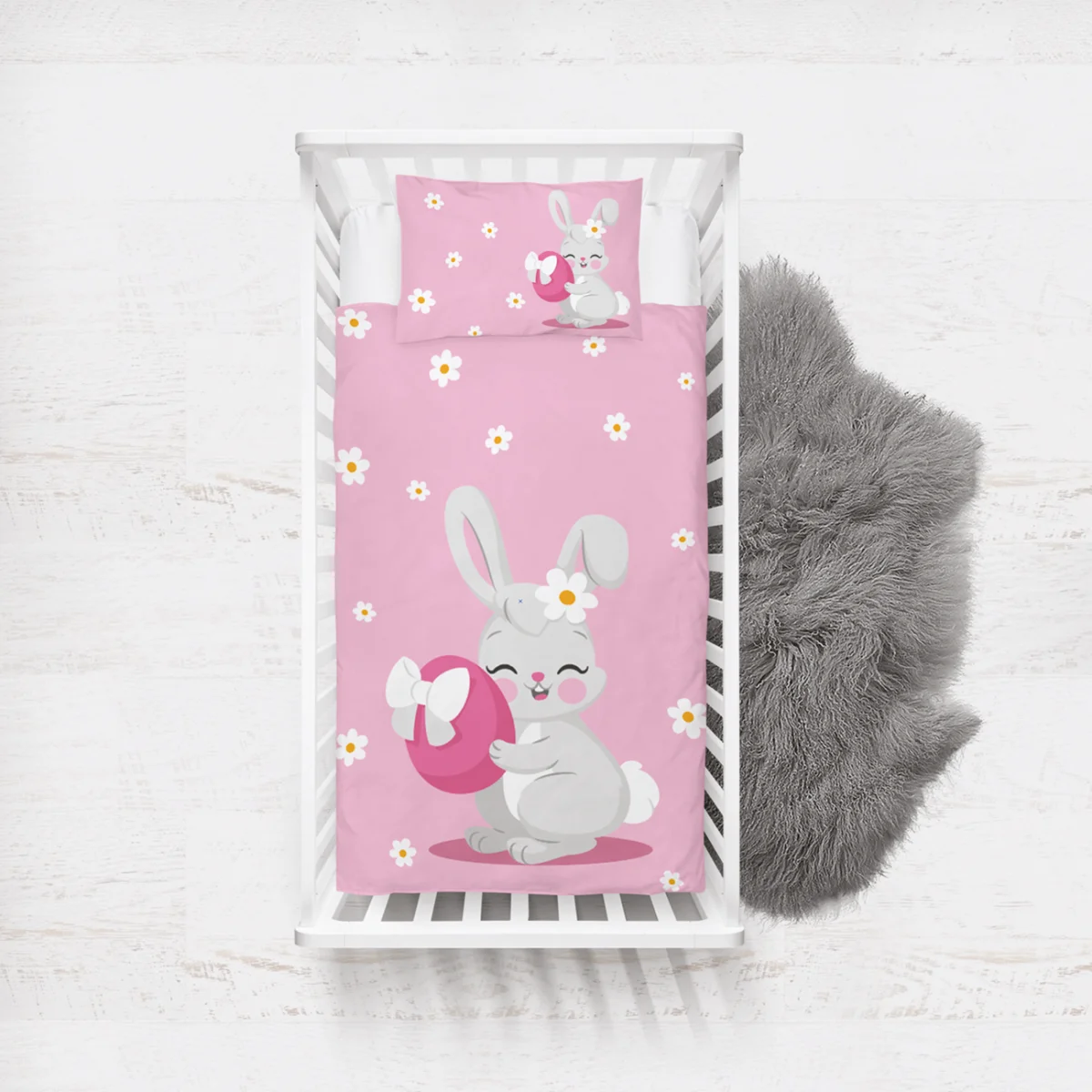 Tavşan Yatak Örtüsü ve Pike | Pembe Beyaz papatya çiçekleri, pembe yumurta Desenli