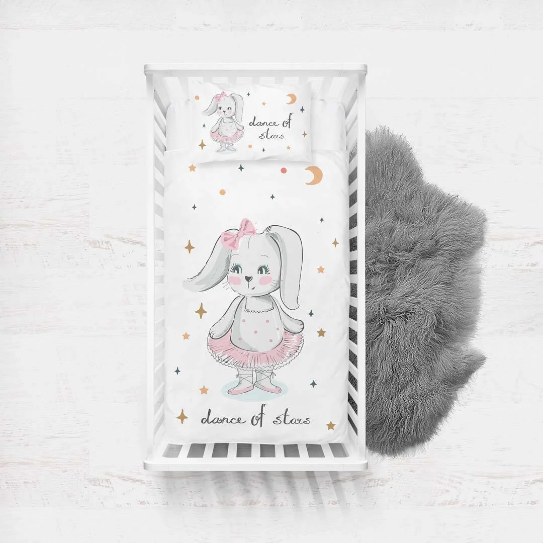 Balerin Tavşan Yatak Örtüsü ve Pike | Beyaz yıldızlar, ay Desenli