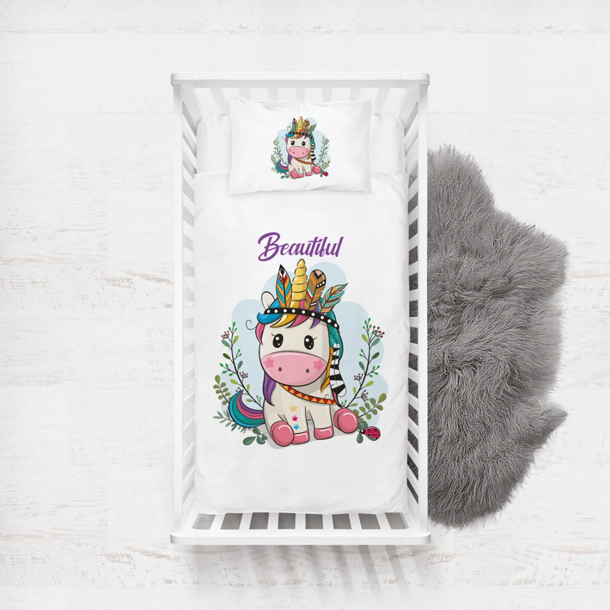 Unicorn Yatak Örtüsü ve Pike | Beyaz Yapraklar, bulut Desenli