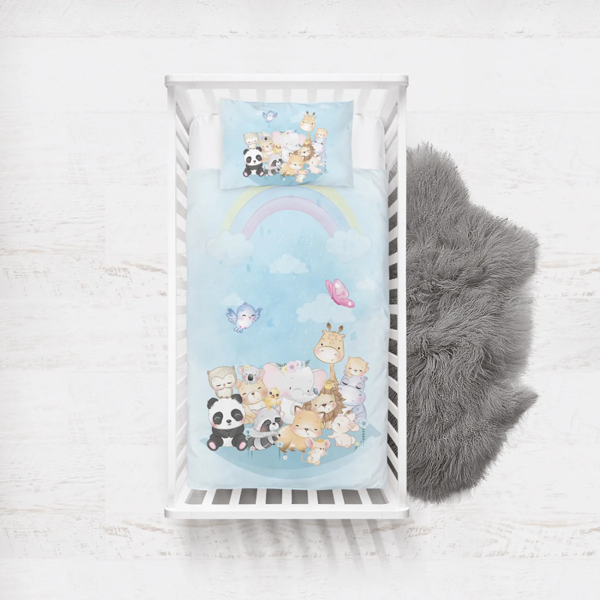 Orman Hayvanları Yatak Örtüsü ve Pike | Mavi gökkuşağı, bulutlar Desenli