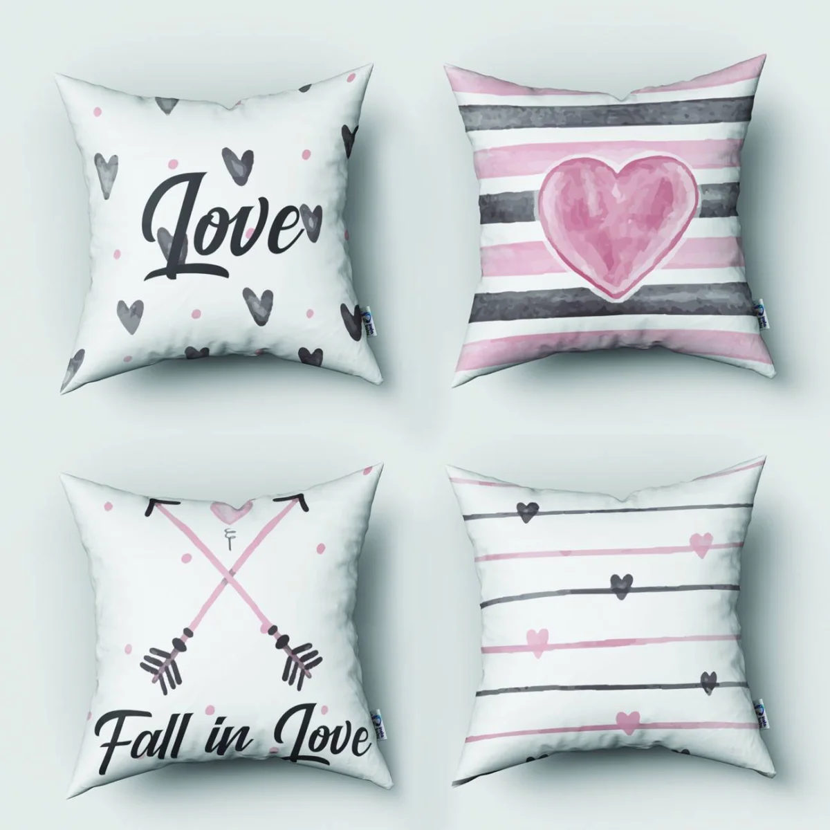 Aşk 4lü Kırlent | Beyaz Kalpler, çizgiler Desenli