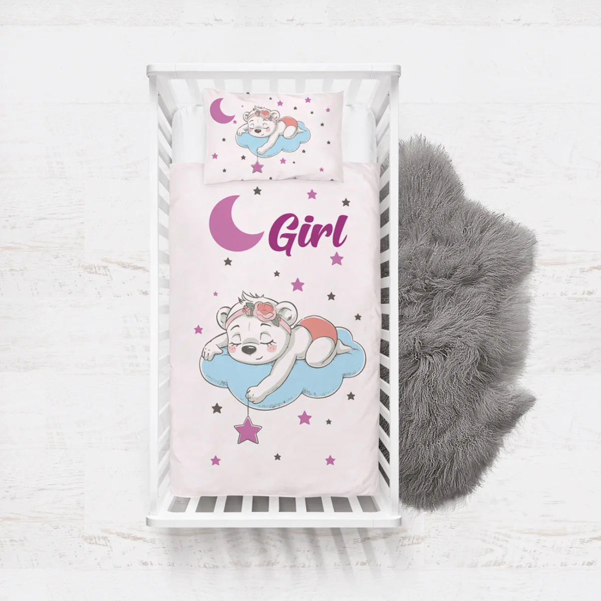 Uyuyan Ayıcık Yatak Örtüsü ve Pike | Lila yıldız, bulut Desenli