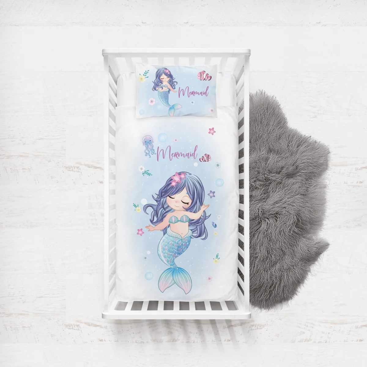 Denizkızı Yatak Örtüsü ve Pike | Mavi Deniz canlıları, yıldızlar Desenli