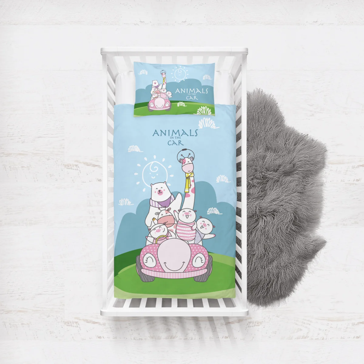 Orman Hayvanları Yatak Örtüsü ve Pike | Mavi bulut, güneş Desenli