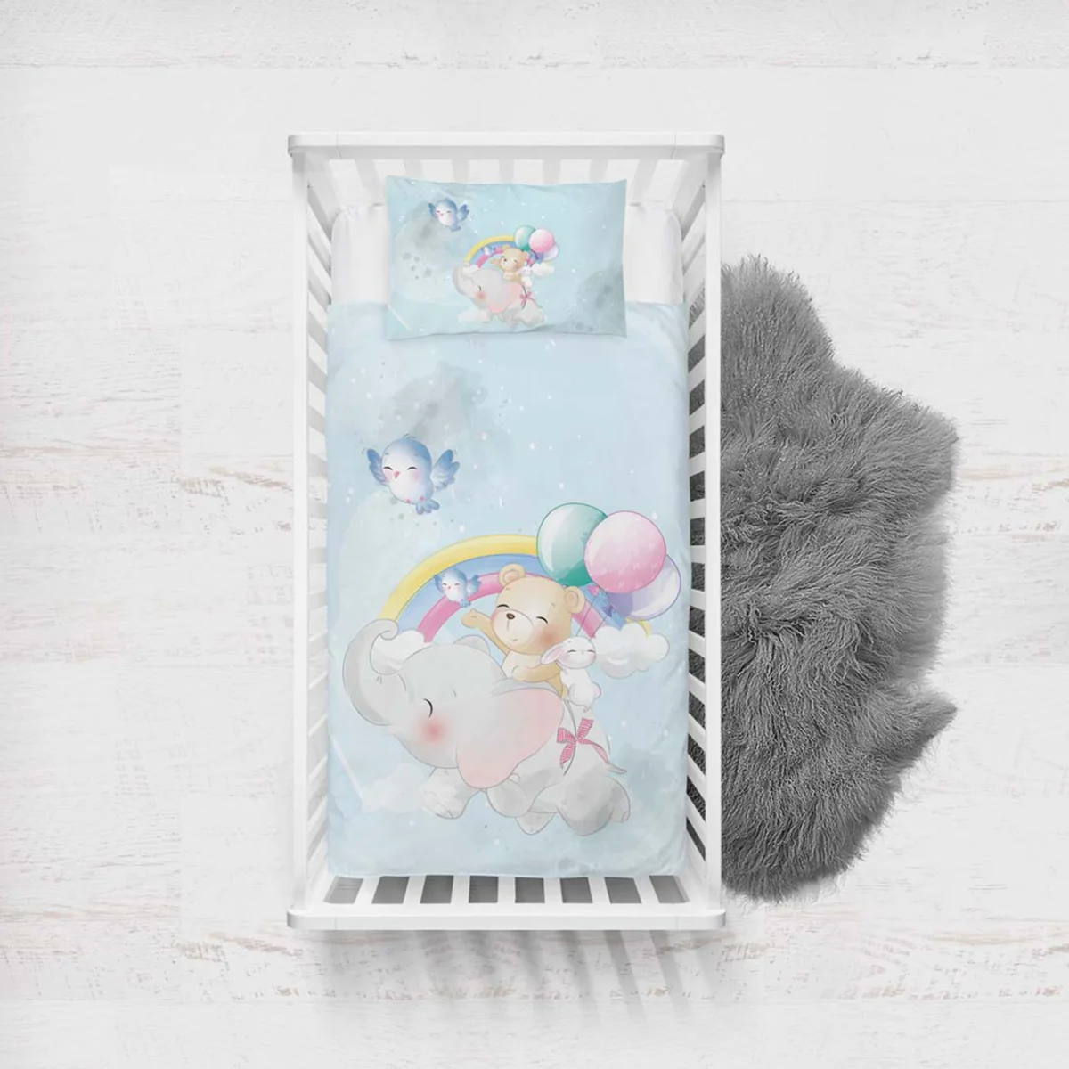 Sevimli Hayvanlar Yatak Örtüsü ve Pike | Mavi bulut, gökkuşağı Desenli