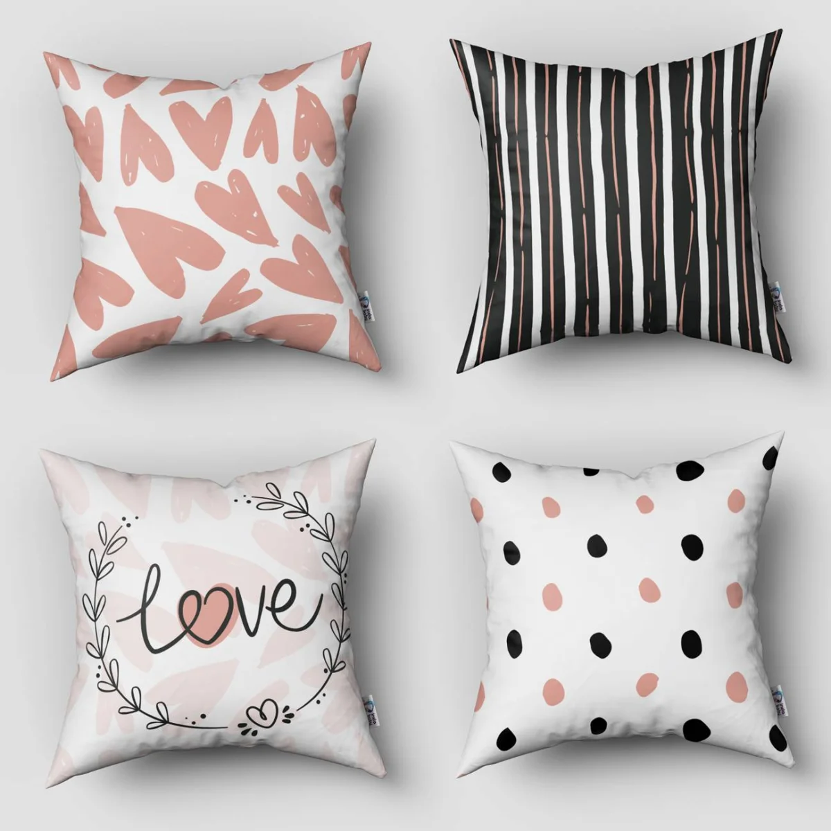 Aşk 4lü Kırlent | Beyaz kalp, çizgili Desenli