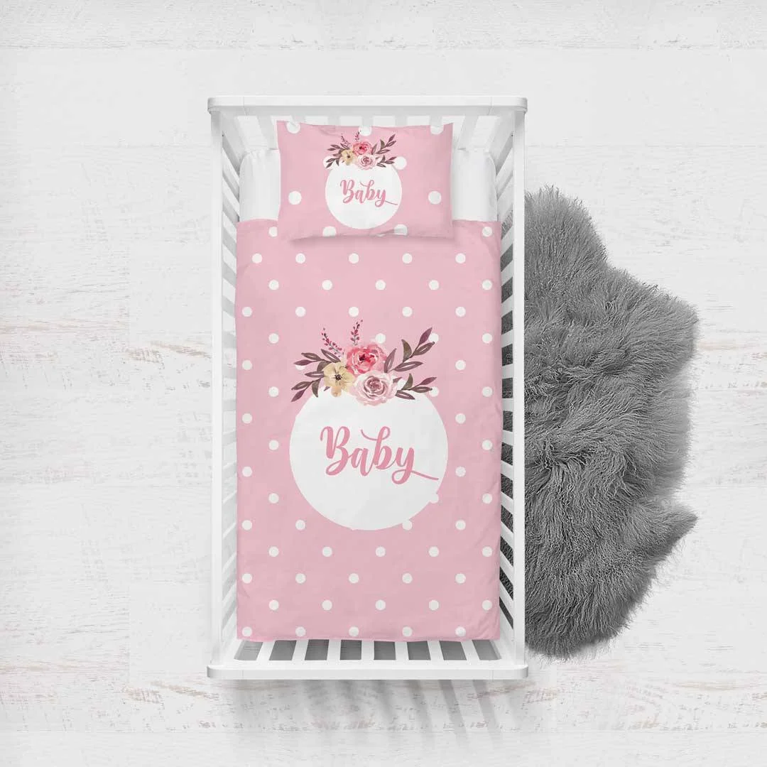 Çiçekli Baby Yatak Örtüsü ve Pike | Pembe beyaz puantiye, çiçekler Desenli