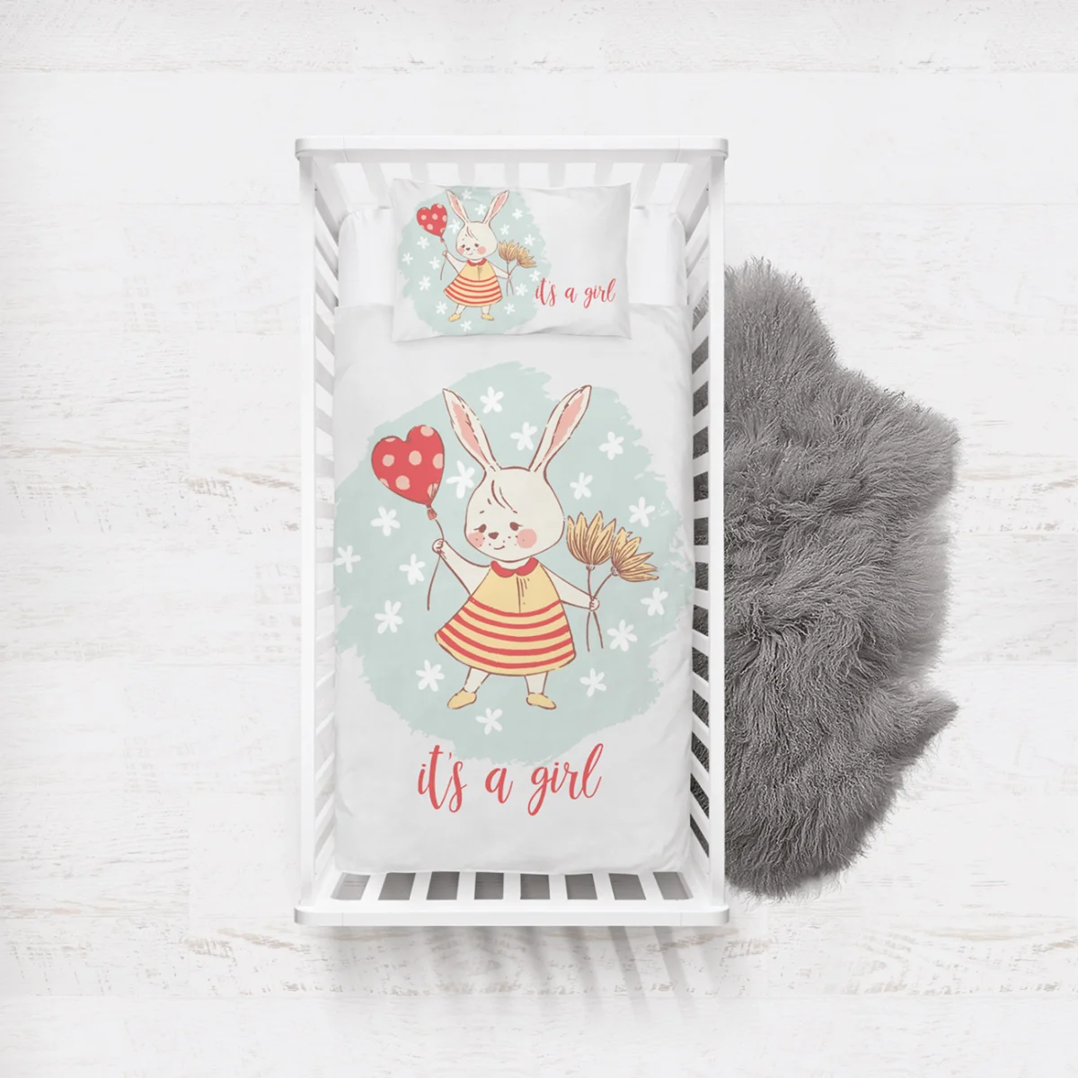 Sevimli Tavşan Yatak Örtüsü ve Pike | Beyaz küçük çiçekler, kalp balon Desenli