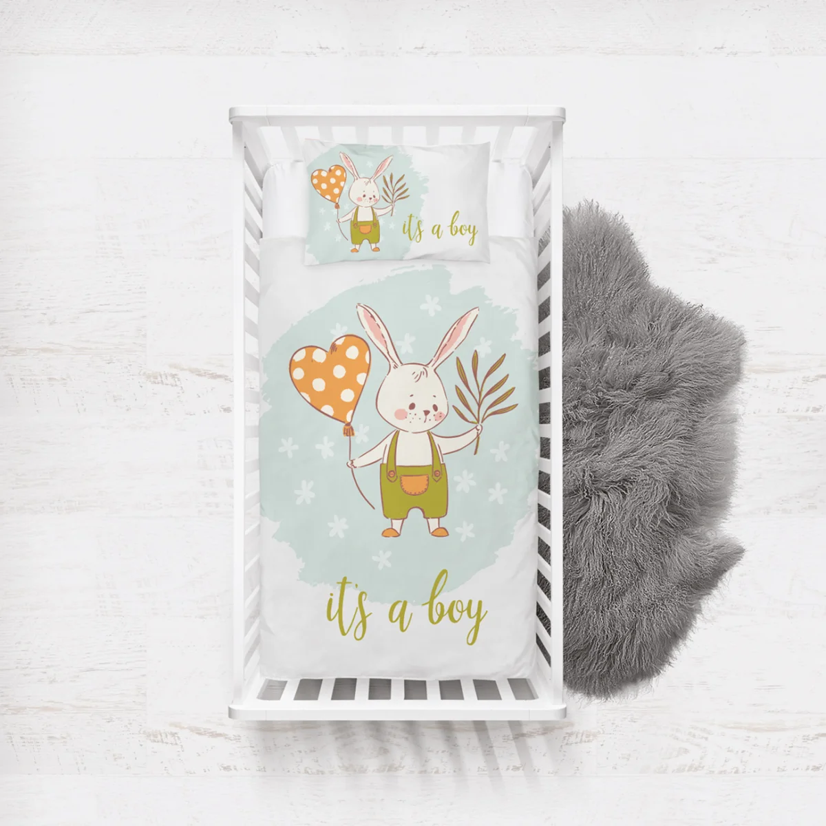 Tavşan Yatak Örtüsü ve Pike | Beyaz Kalpli balon, yapraklar Desenli