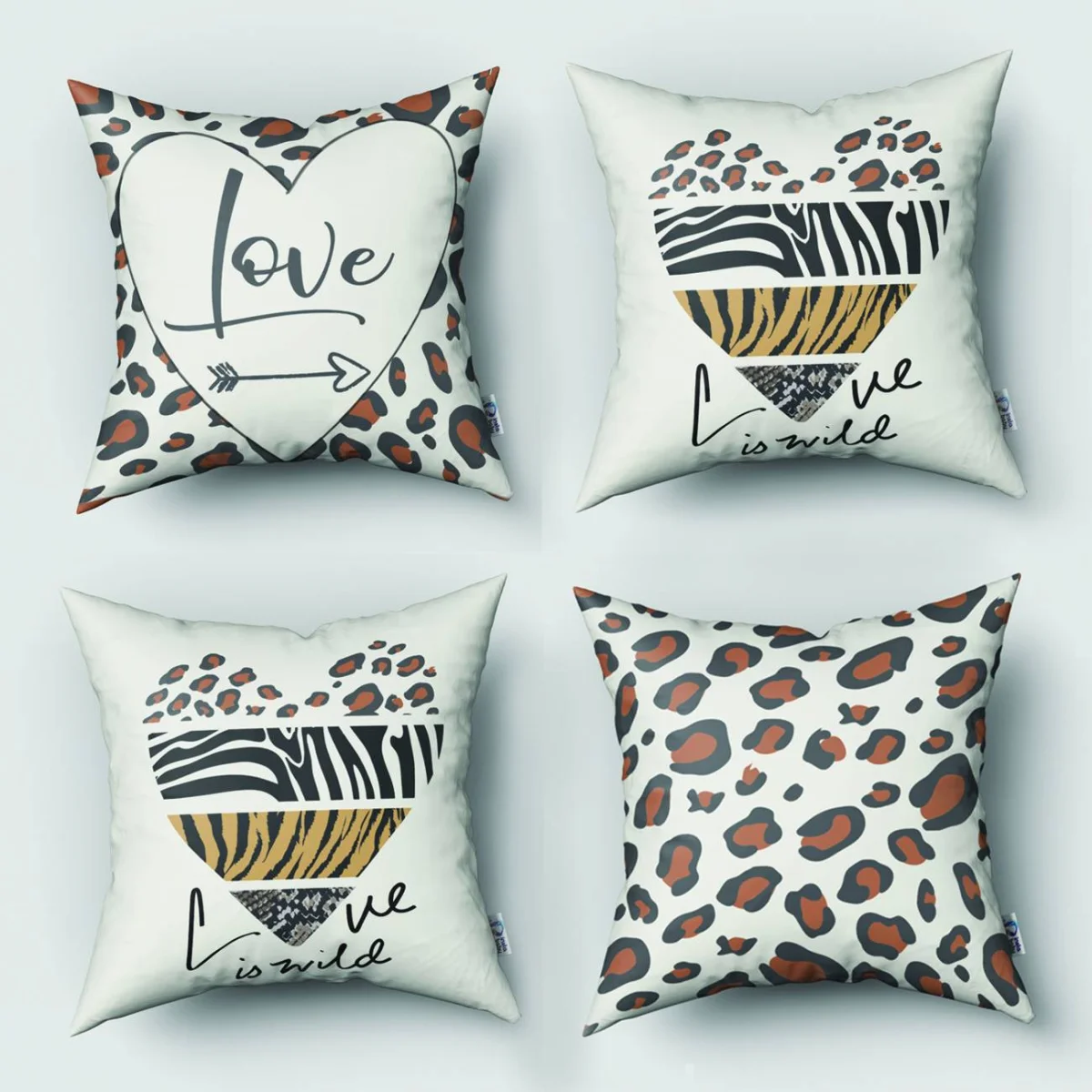 Yırtıcı hayvan desenleri 4lü Kırlent | Beyaz leopar, zebra Desenli