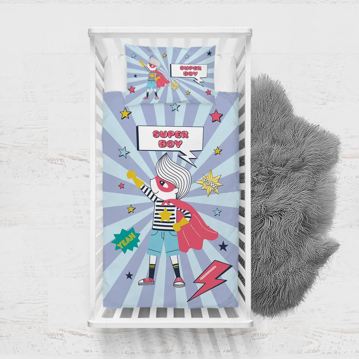 Süper Kahraman Yatak Örtüsü ve Pike | Mavi yıldızlar, şimşek Desenli