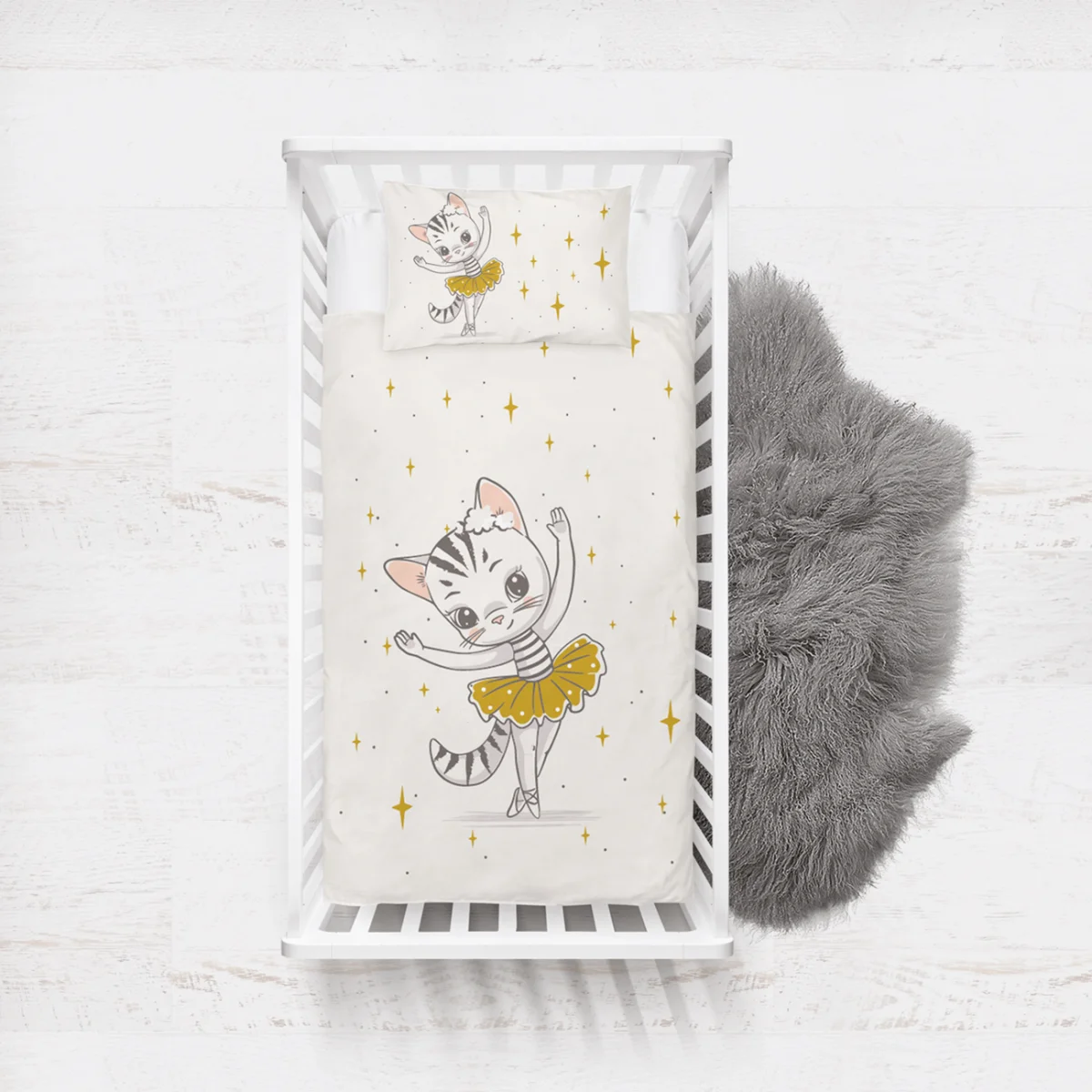 Balet Kedi Yatak Örtüsü ve Pike | Beyaz yıldızlar, puantiye Desenli