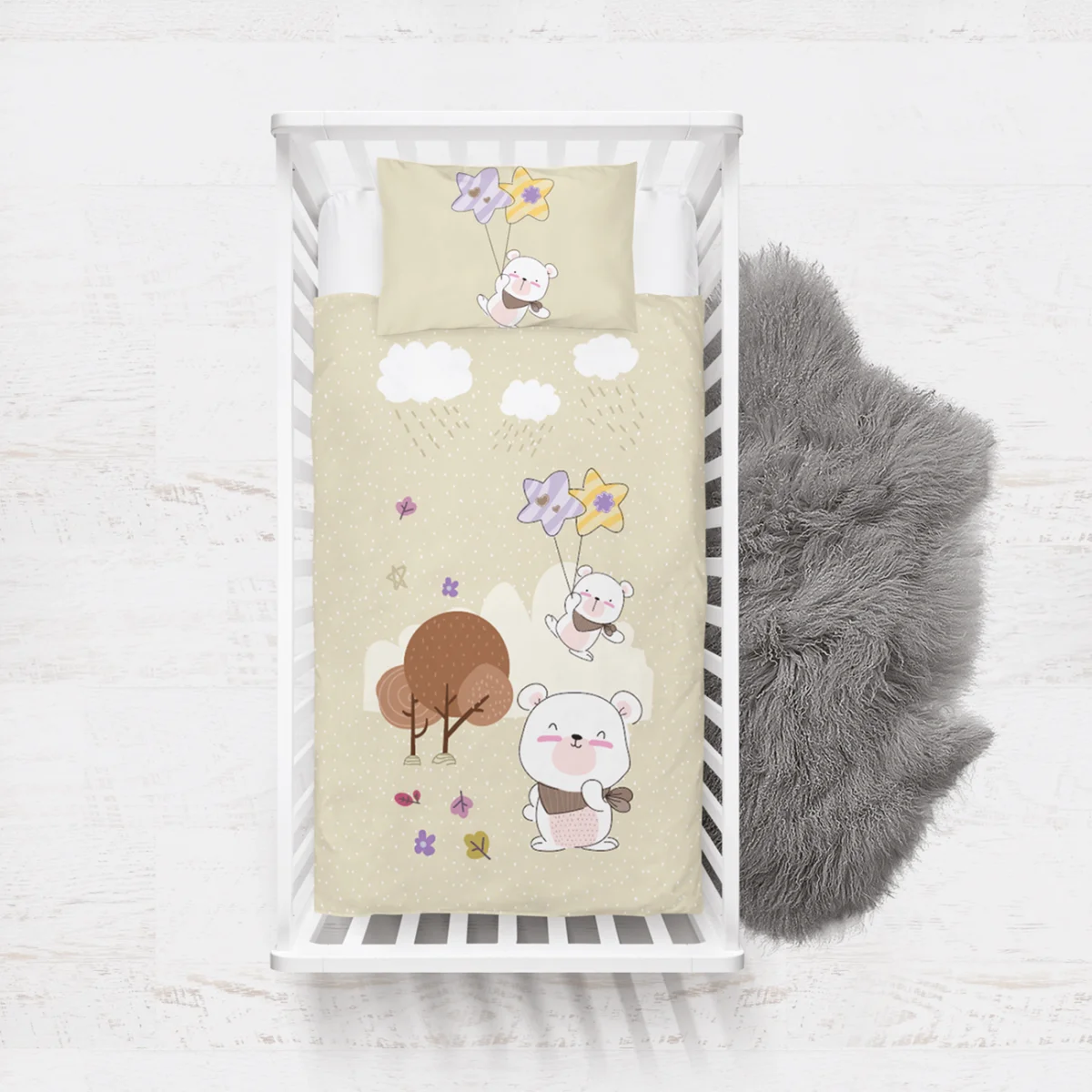 Ayı Yatak Örtüsü ve Pike | Yeşil Ayılar, yıldızlar Desenli