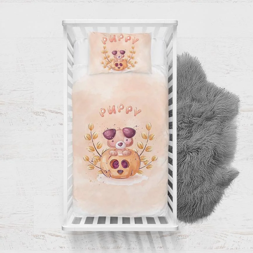 Köpek Yavrusu Yatak Örtüsü ve Pike | Şeftali balkabağı, sonbahar dalları Desenli