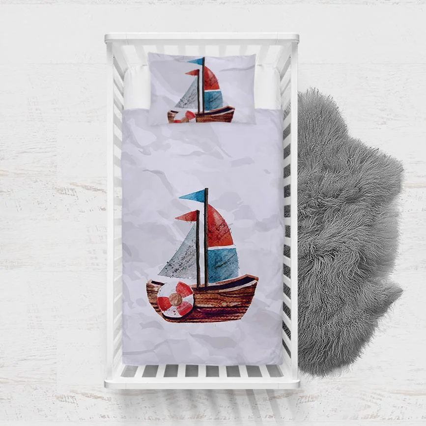 Yelkenli Tekne Yatak Örtüsü ve Pike | Beyaz cankurtaran simidi, kırmızı Desenli