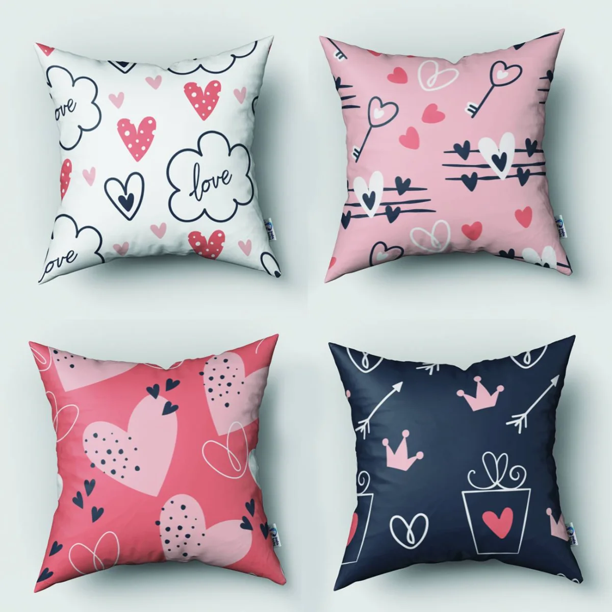 Aşk, Kalp 4lü Kırlent | Pembe, Kırmızı, Mavi Kalpler, anahtarlar Desenli