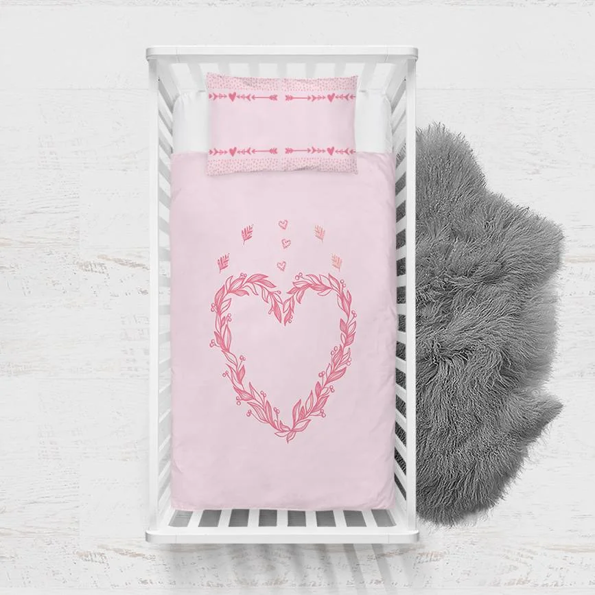 Kalp Yatak Örtüsü ve Pike | Pembe yapraklı dallar, minik kalpler Desenli