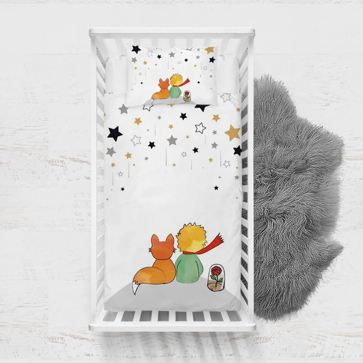 Küçük Prens, Tilki, Gül Yatak Örtüsü ve Pike | Beyaz yıldızlar, gri Desenli