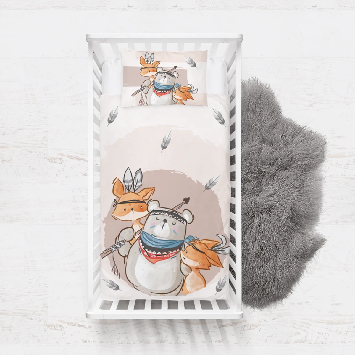 Orman Hayvanları Yatak Örtüsü ve Pike | Beyaz tüyler, ok Desenli