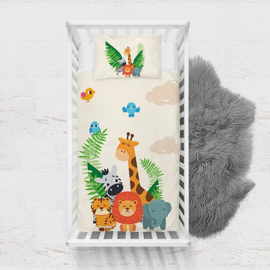 Orman Hayvanları Yatak Örtüsü ve Pike | Beyaz Yapraklar, kuşlar Desenli