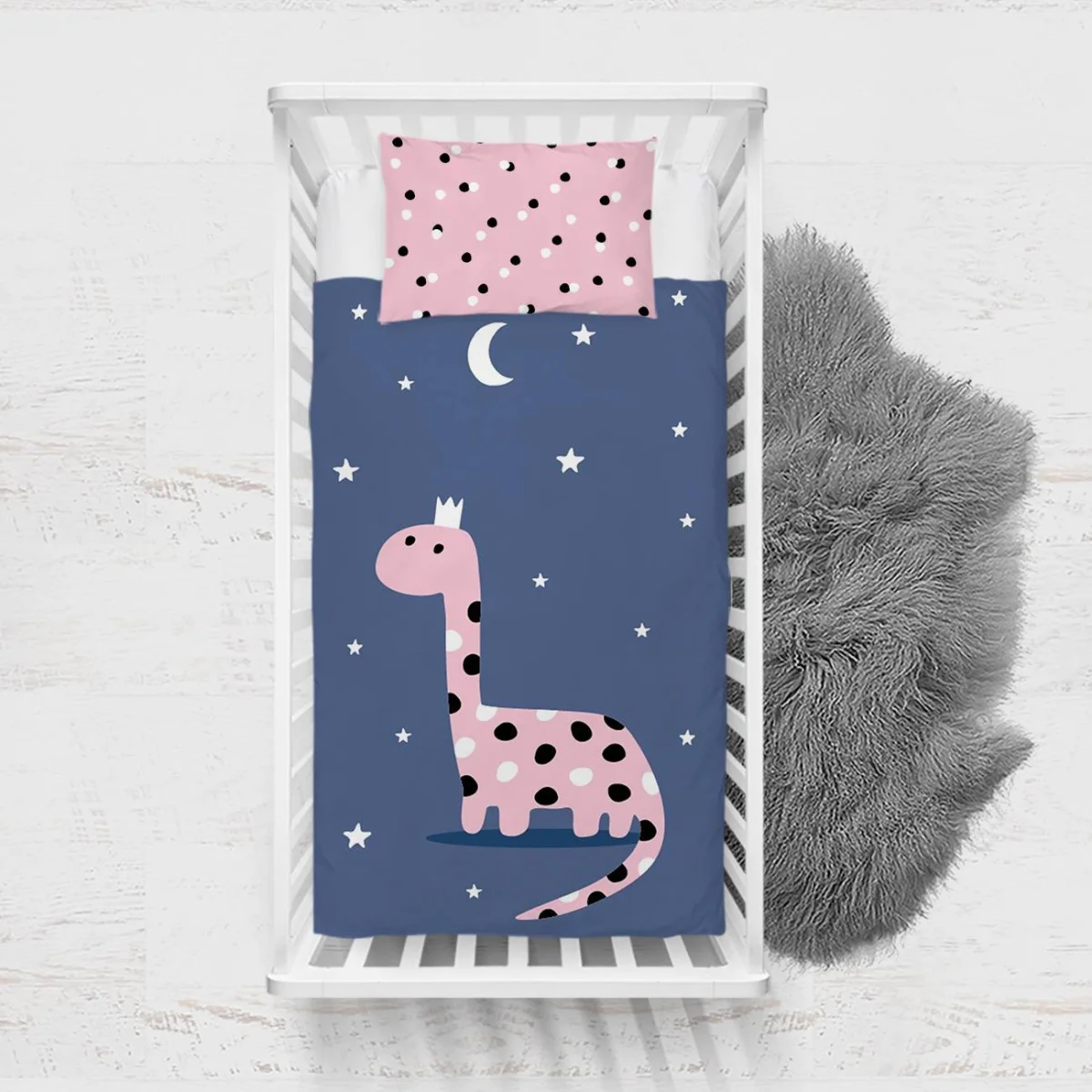 Taçlı Dinozor Yatak Örtüsü ve Pike | Mavi ay, yıldız Desenli