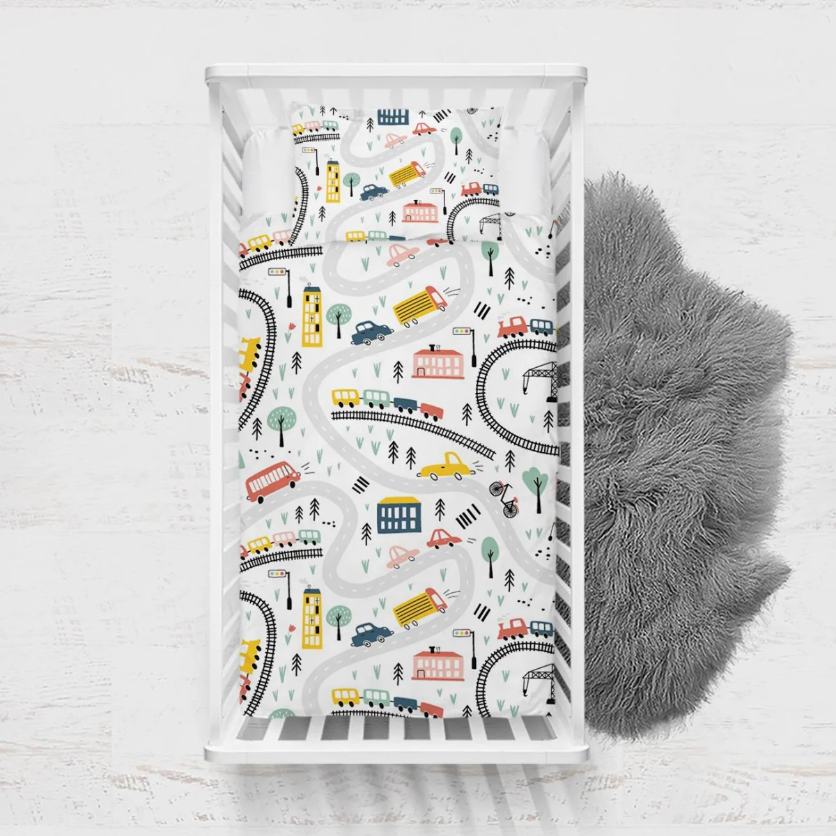 Şehir ve Araçlar Yatak Örtüsü ve Pike | Beyaz Yollar, binalar Desenli