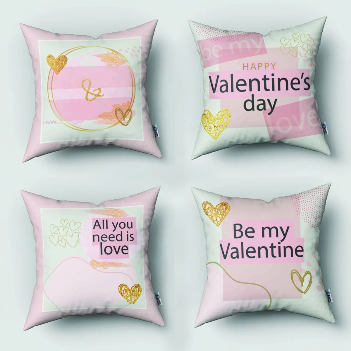 Aşk 4lü Kırlent | Açık pembe, beyaz Kalp, sim Desenli